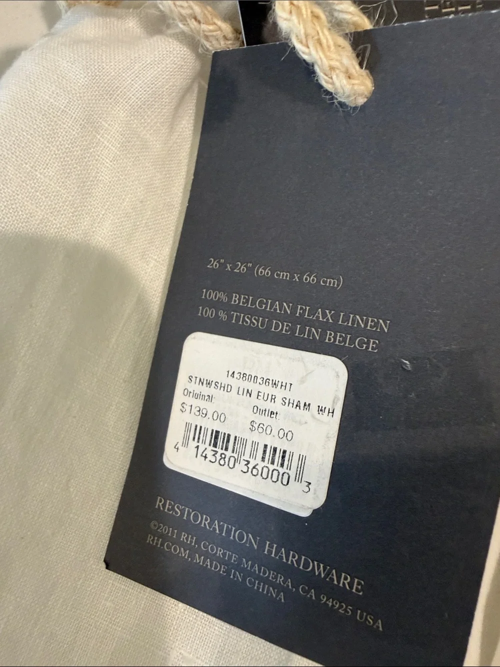 Restoration Hardware White Linen Pillow Sham 26x26